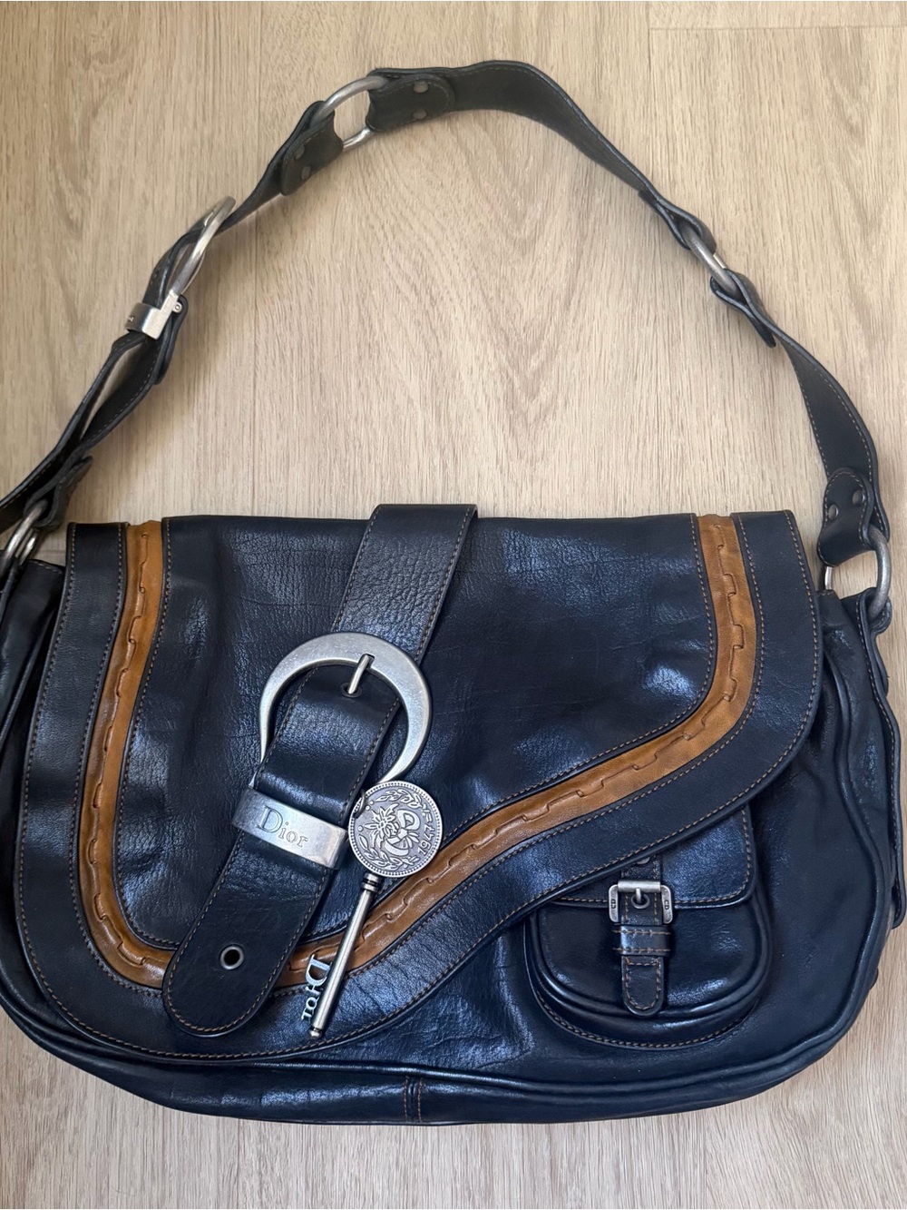 Vintage Christian Dior Black Gaucho Double Saddle Bag wi/ Silver Buckles + Coin - Picture 1 of 16